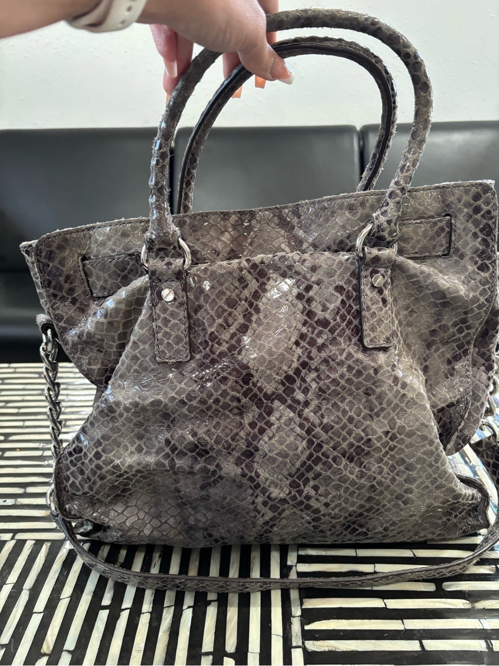 Authentic Michael Kors Gray Snakeskin-Embossed Satchel with Silver Hardware - Picture 5 of 11